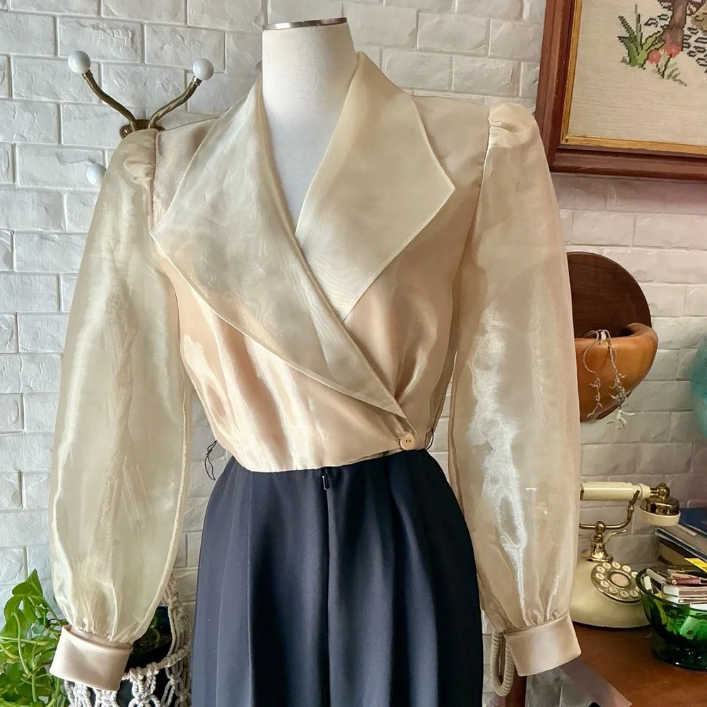 Vintage J.R. Nites by Caliendo Sheer Gold Puff Sleeve Jeweled Belted Jumpsuit - Picture 9 of 16